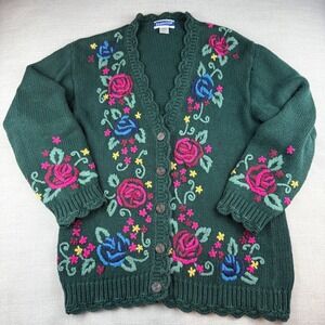 Pendleton Vintage Women Green Floral Knit Cardigan Sweater Medium Cottage Granny